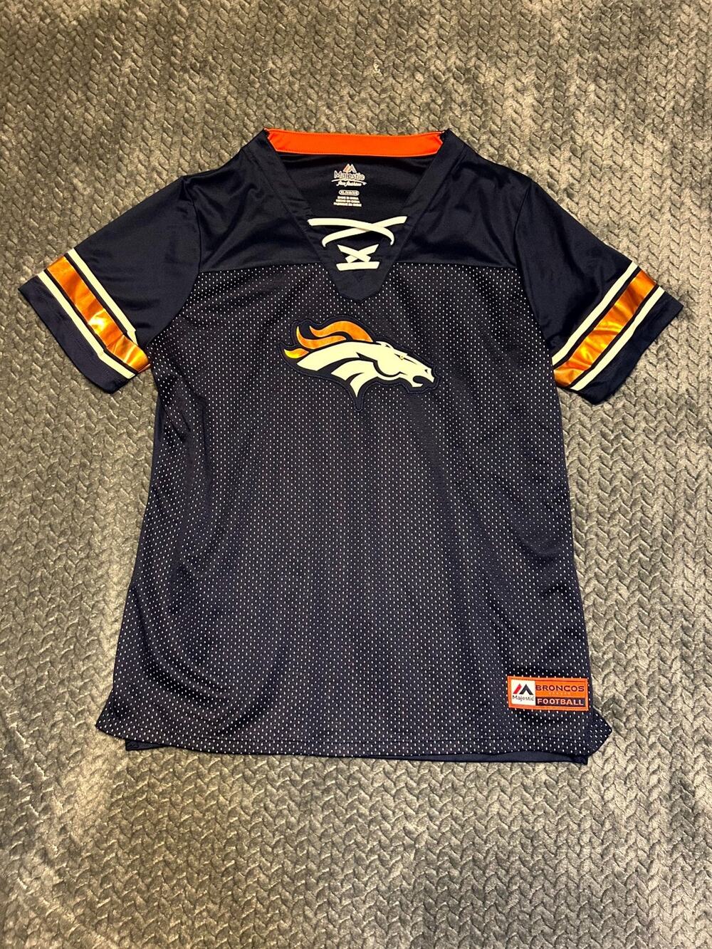Denver Broncos Jersey Womens XL Navy Mesh Majestic NFL Football Sports V Neck